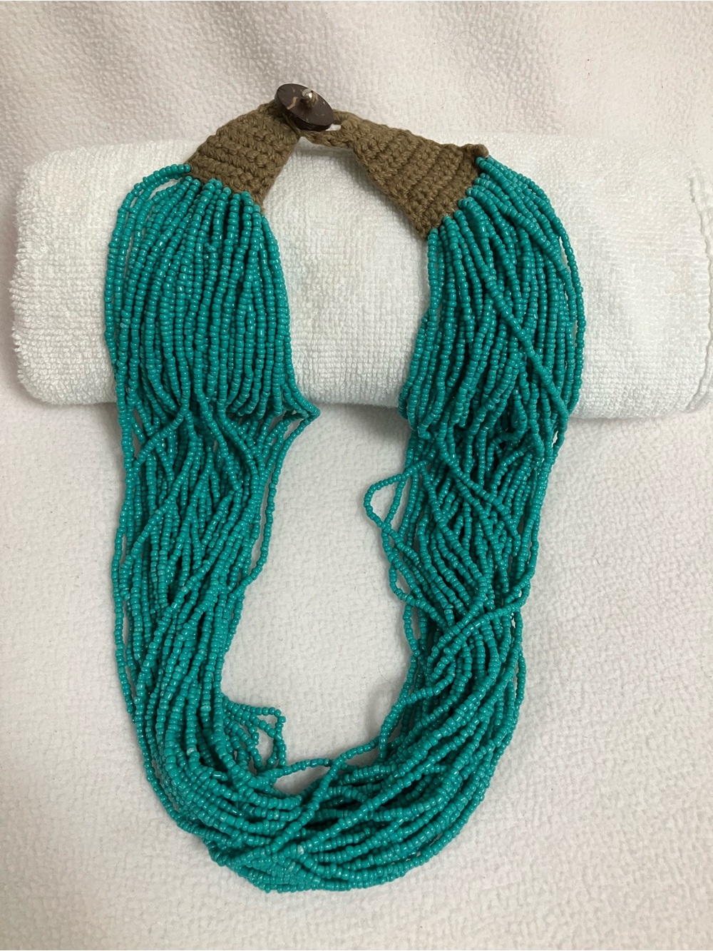 Vintage Bohemian Teal Multi-Strand Seed Bead Statement Necklace. Boho-chic